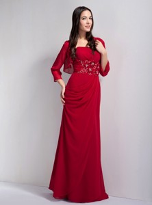 Red Column Strapless Floor-length Chiffon Beading Bridesmaid Dress