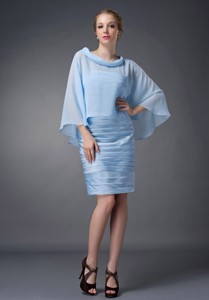 Baby Blue Column Scoop Knee-length Chiffon Ruch Mother Of The Bride Dress