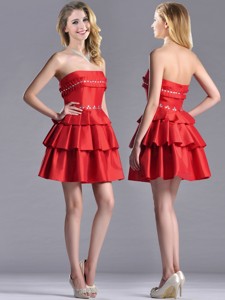 New Arrivals Red Strapless Mother Of The Bride Dress With Ruffled Layers And Beading