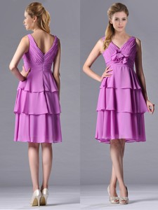 Classical V Neck Lilac Mother Of The Bride Dress With Handcrafted Flower And Ruching
