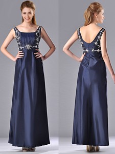 Simple Empire Square Taffeta Beading Long Mother Of The Bride Dress In Navy Blue
