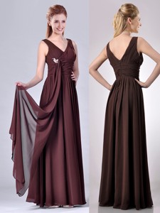 Simple Empire V Neck Chiffon Long Mother Of The Bride Dress In Brown