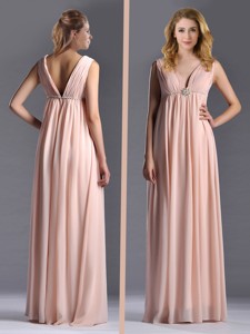 Simple Empire Chiffon Ruching Long Pink Mother Of The Bride Dress With V Neck