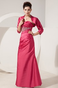 Coral Red Column Strapless Floor-length Satin Beading Mother Of The Bride Dress
