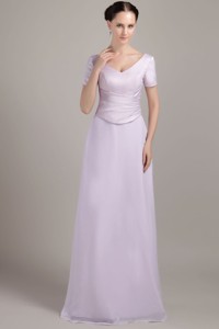 Lilac Column / Sheath V-neck Floor-length Chiffon Ruch Mother Of The Bride Dress