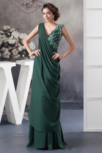 Ruched And Beaded Dark Green Mother Of The Bride Dress