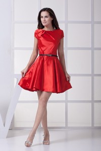 Red Scoop Mother Dress For Wedding with Black Bow Decorated Belt