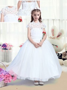 Simple High Neck Appliques Flower Girl Dress With Tea Length