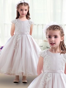 Fashionable Scoop Cap Sleeves Flower Girl Dress With Appliques
