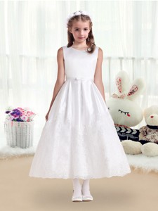 Pretty Scoop White Flower Girl Dress With Lace And Belt