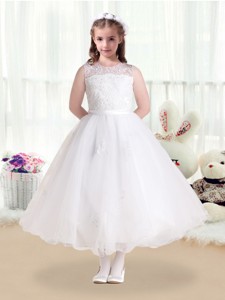 New Style Scoop Appliques White Flower Girl Dress