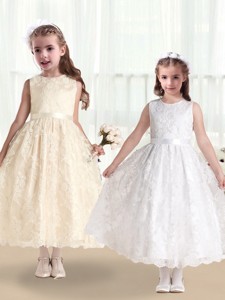Pretty Scoop Lace And Belt Flower Girl Dress In White