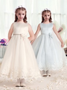 Beautiful Scoop Flower Girl Dress With Hand Made Flowers