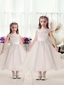 Classical Cap Sleeves Flower Girl Dress With Appliques And Belt