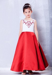 White And Red Scoop Ankle-length Taffeta Embroidery Flower Girl Dress