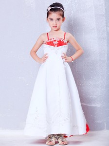 White And Red Straps Ankle-length Satin Embroidery Flower Girl Dress