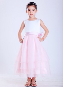 White And Pink Scoop Ankle-length Taffeta And Taffeta Hand Made Flower Flower Girl Dress