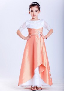 White And Orange Scoop Ankle-length Taffeta And Organza Appliques Flower Girl Dress