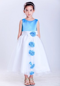 White And Baby Blue Scoop Tea-length Taffeta And Organza Hand Made Flowers Flower Girl Dress