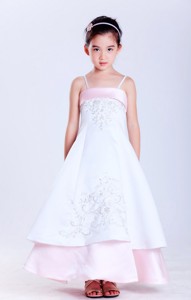 White And Pink Straps Ankle-length Taffeta And Satin Embroidery Flower Girl Dress