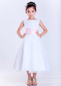 White And Pink Scoop Tea-length Taffeta And Organza Hand Made Flower Flower Girl Dress