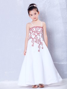 White Straps Ankle-length Satin Embroidery Flower Girl Dress