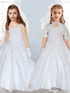 Popular Spaghetti Straps Satin Flower Girl Dress with Lace and Beading 