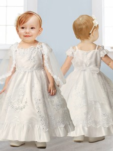 Best Spaghetti Straps Cap Sleeves Flower Girl Dress with Lace and Beading 