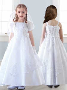 Top Selling Spaghetti Straps White Flower Girl Dress with Appliques 