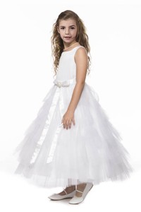 New Style Scoop Ruffled Layers and Bowknot Flower Girl Dress in White 