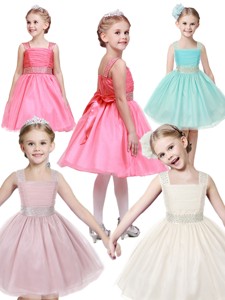 Popular Straps Tulle Little Girl Pageant Dress with Bowknot and Beading 