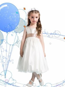 Gorgeous Scoop Sequins Flower Girl Dress in White for Spring 