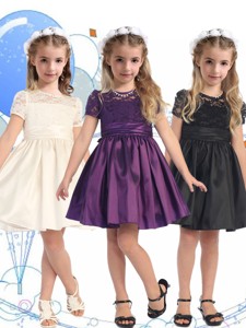 See Through Scoop Short Sleeves Little Girl Pageant Dress with Lace and Belt 