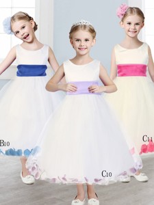 New Scoop Tulle Flower Girl Dress with Sashes and Appliques 