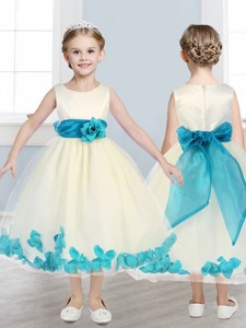 Lovely Scoop Flower Girl Dress with Teal Hand Made Flowers 