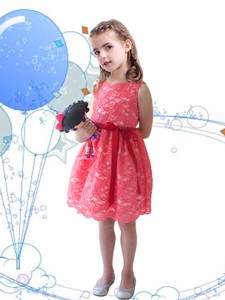 New Style Scoop Sashes and Lace Little Girl Pageant Dress in Coral Red 