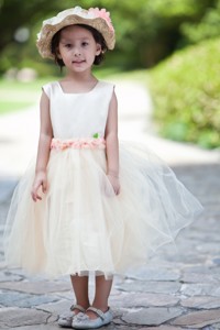 White and Champagne Ball Gown Scoop Tea-length Taffeta and Tulle Hand Made Flowers Flower Girl Dress