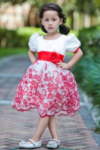White Scoop Knee-length Taffeta And Organza Hand Made Flowers Flower Girl Dress