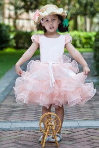 White And Watermelon Red Scoop Knee-length Satin And Organza Ruffles Flower Girl Dress
