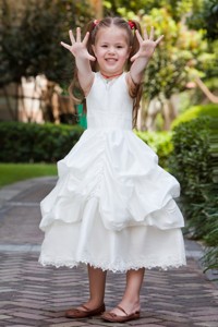 White V-neck Tea-length Taffeta And Lace Pick-ups Flower Girl Dress