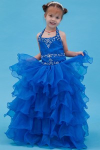 Blue Ball Gown Halter Floor-length Organza Appliques Flower Girl Dress 