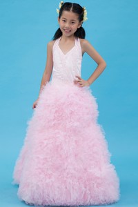 Baby Pink Halter Floor-length Tulle Beading Flower Girl Dress