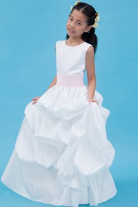 White Scoop Floor-length Taffeta Belt Flower Girl Dress
