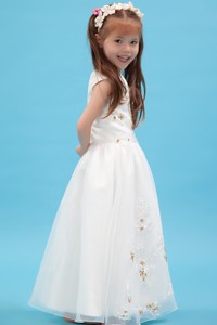 White V-neck Floor-length Organza Appliques Flower Girl Dress