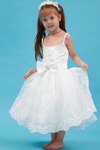 White Straps Ankle-length Organza Sash Flower Girl Dress