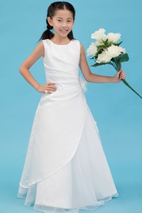 White Scoop Floor-length Taffeta Appliques Flower Girl Dress