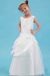 White Scoop Floor-length Taffeta Beading And Applqiues Flower Girl Dress