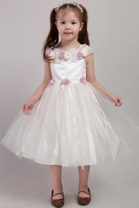 White Square Tea-length Tulle Handle Made Flowers Little Girl Dress