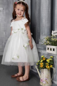 White Princess Square Tea-length Tulle Hand Made Flowers Flower Girl Dress