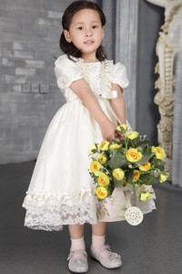 Off White Princess Scoop Tea-length Taffeta Beading Flower Girl Dress